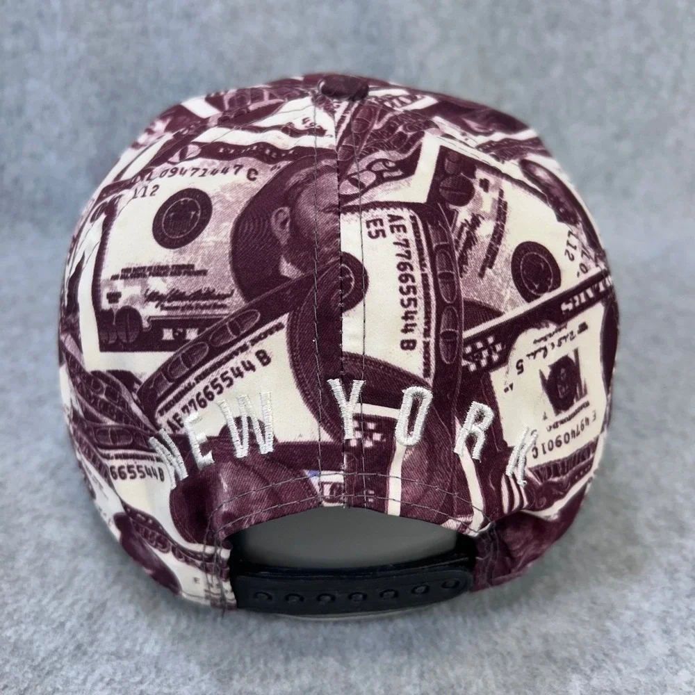 New York Men Maroon T&T Snapback Hat All Over Money Print Embroidered OS